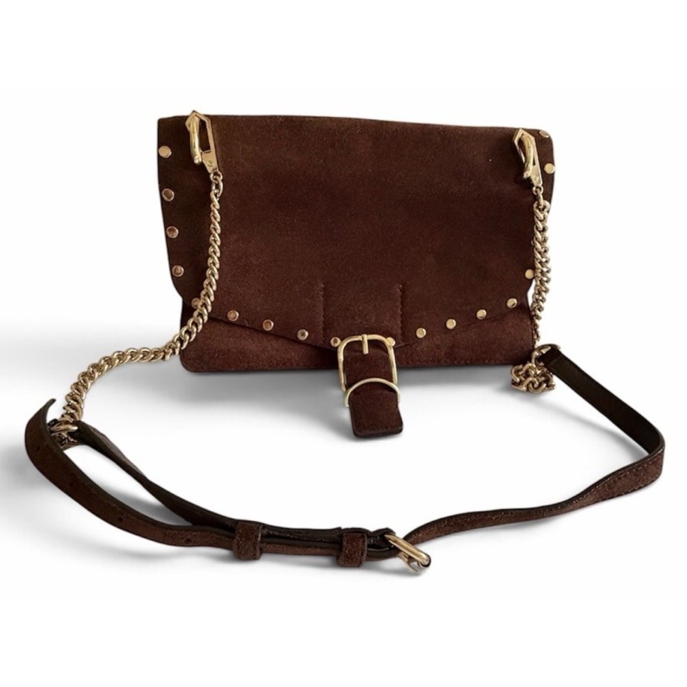 Rebecca Minkoff Darren Gold Hardware Studded Chocolate Brown Suede Bag Purse